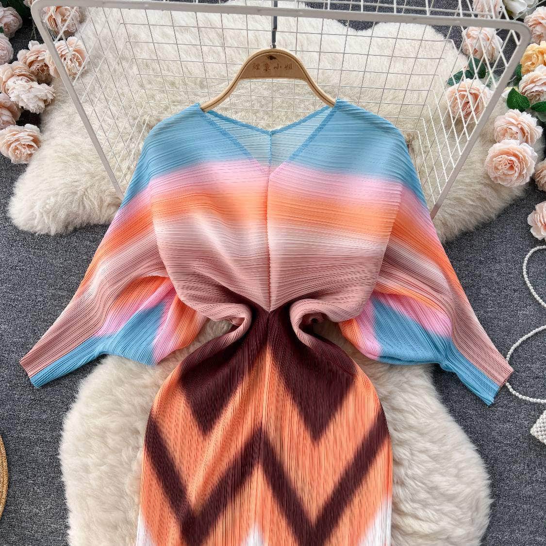 V neck Mesh Sleeves Bohemian Print Midi Dress