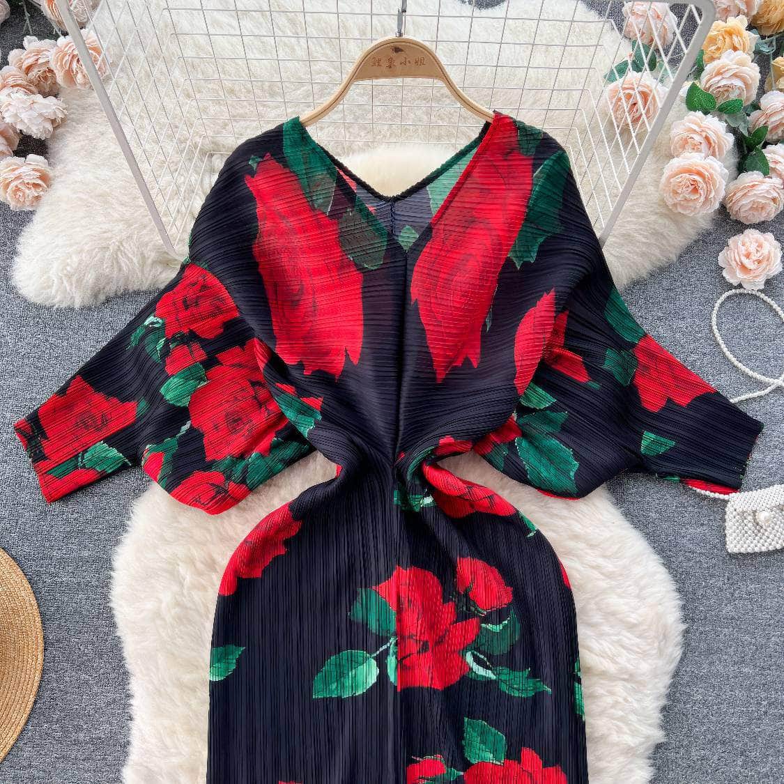 V neck Mesh Sleeves Bohemian Print Midi Dress