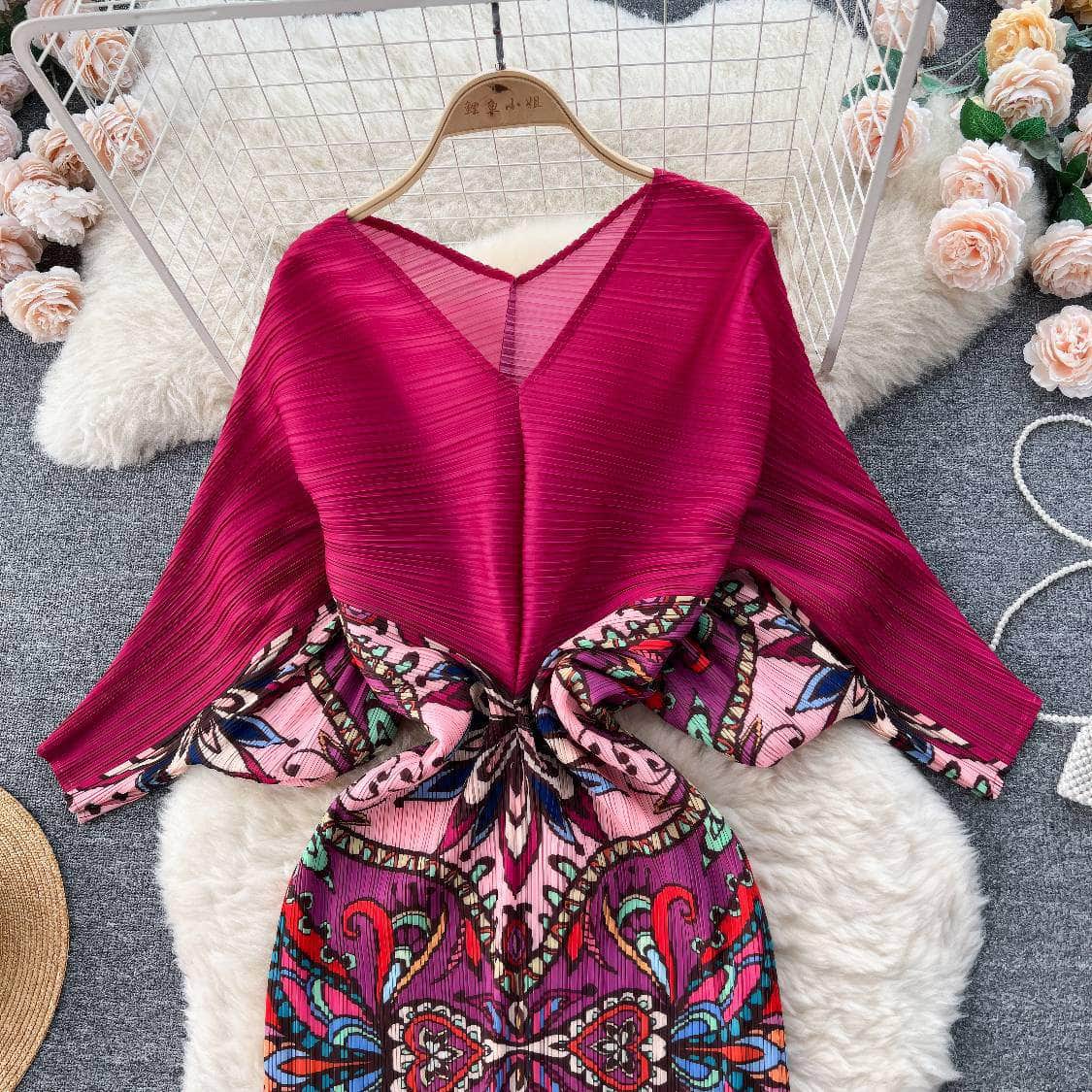 V neck Mesh Sleeves Bohemian Print Midi Dress