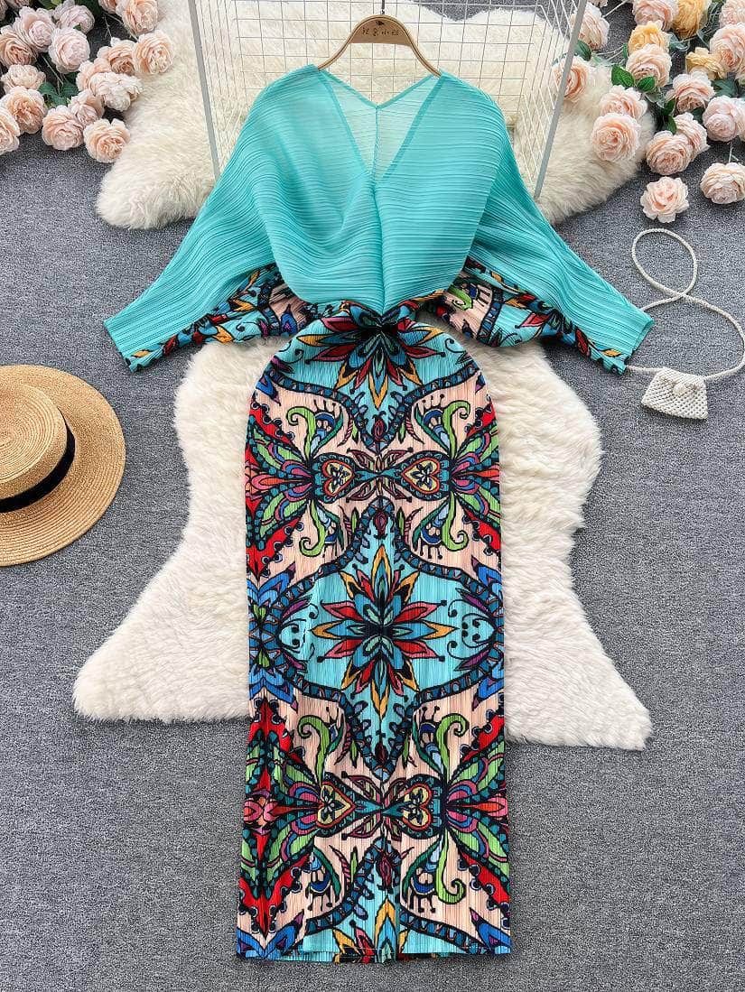 V neck Mesh Sleeves Bohemian Print Midi Dress MAX SIZE / Forest Bohemian
