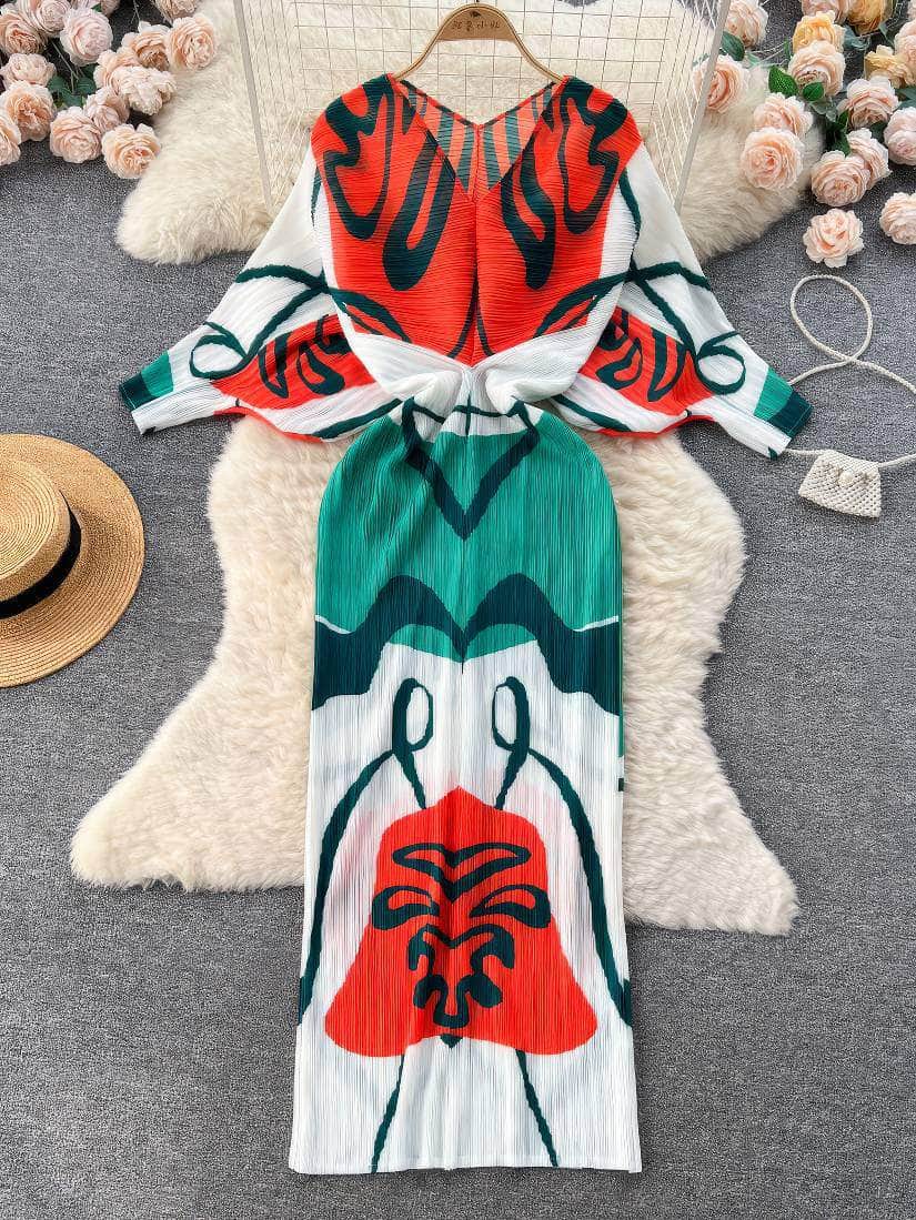 V neck Mesh Sleeves Bohemian Print Midi Dress MAX SIZE / Global Traveler