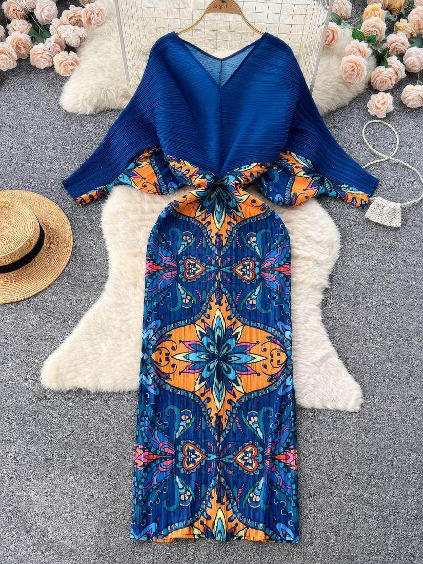 V neck Mesh Sleeves Bohemian Print Midi Dress MAX SIZE / Urban Boho