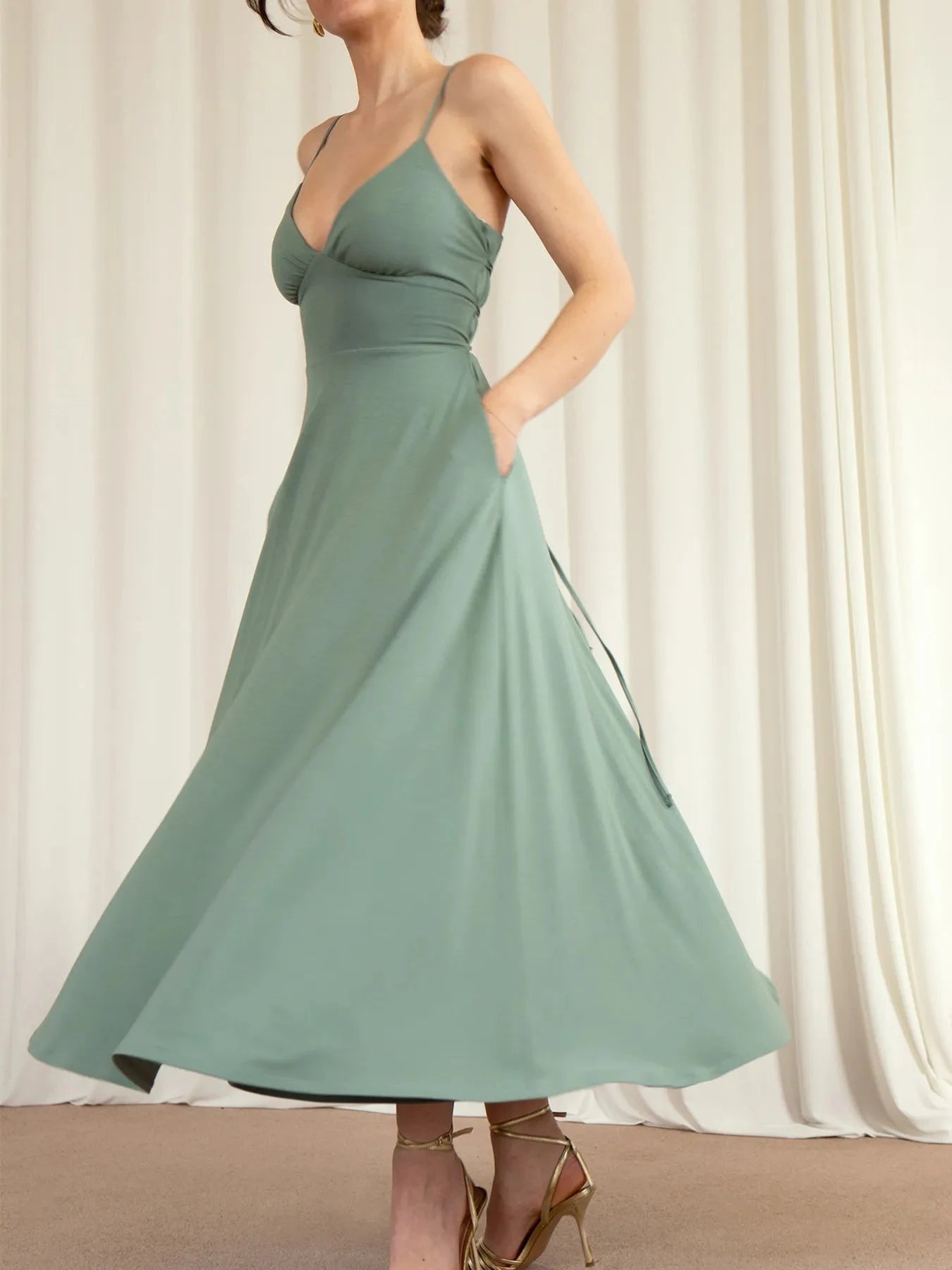 V-Neck Midi Cami Dress with Pockets
