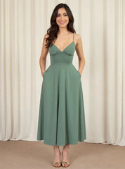 V-Neck Midi Cami Dress with Pockets Green / S