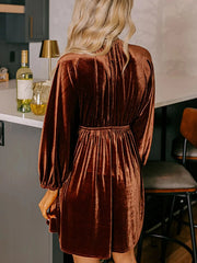 V Neck Puff Sleeve Velvet Dress