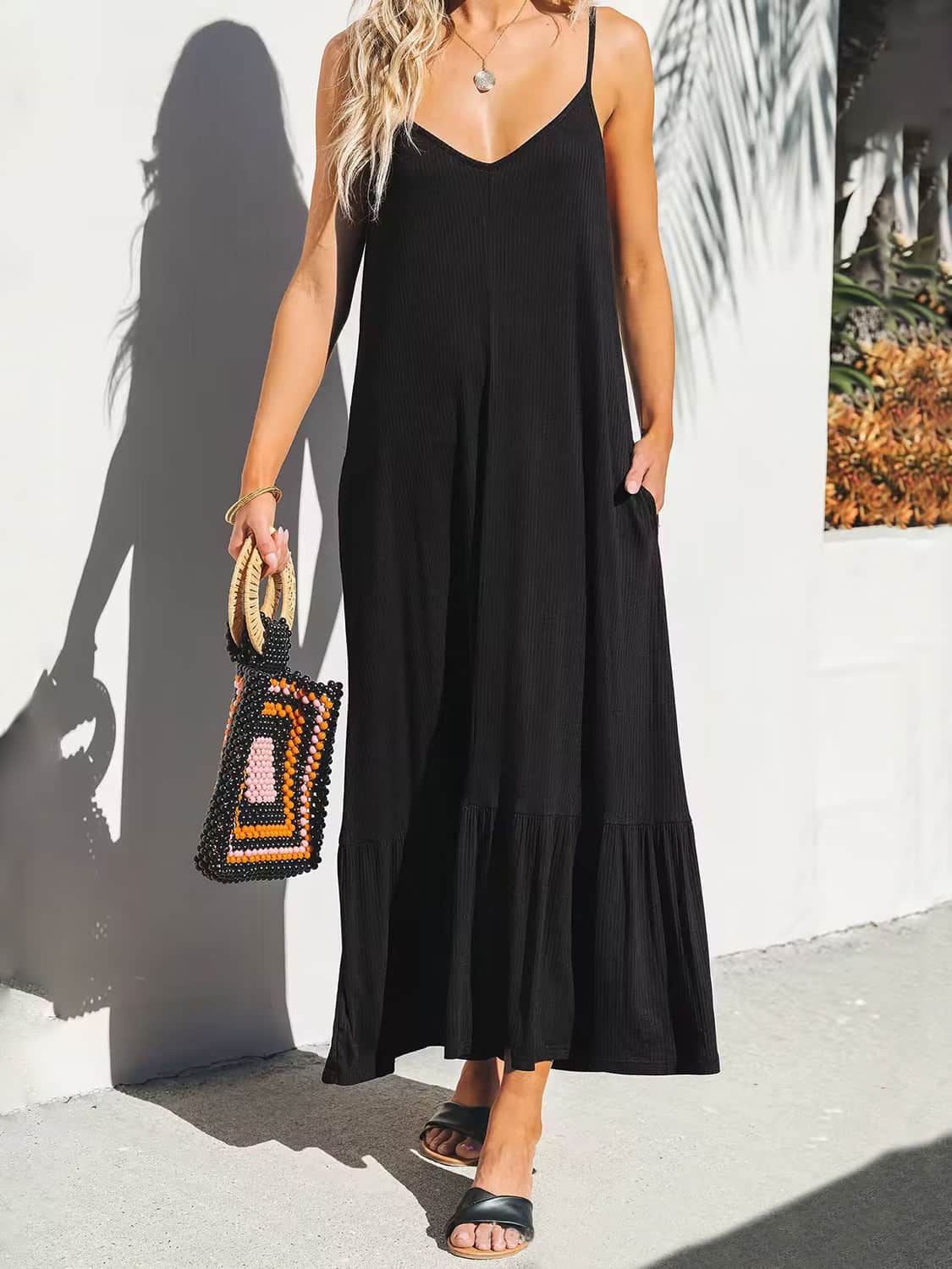 V-Neck Ruffled Hem Midi Cami Dress Black / S