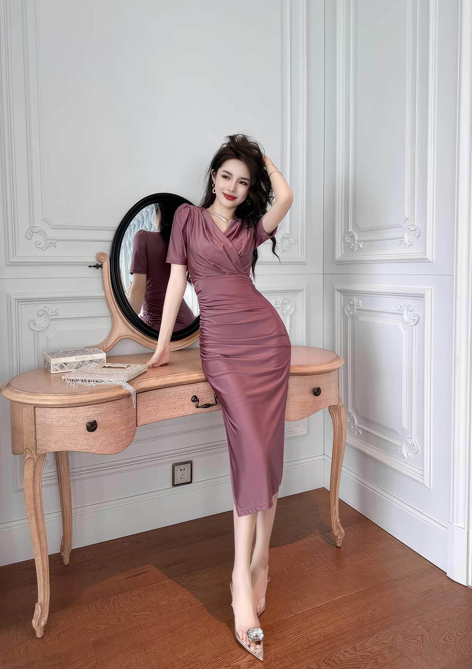 V-Neck Ruffled Puff Sleeves Pleated Midi Dress