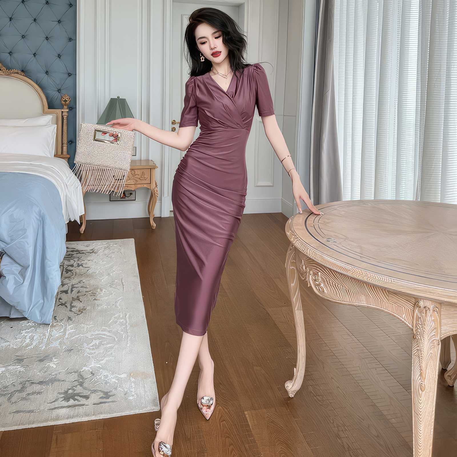 V-Neck Ruffled Puff Sleeves Pleated Midi Dress