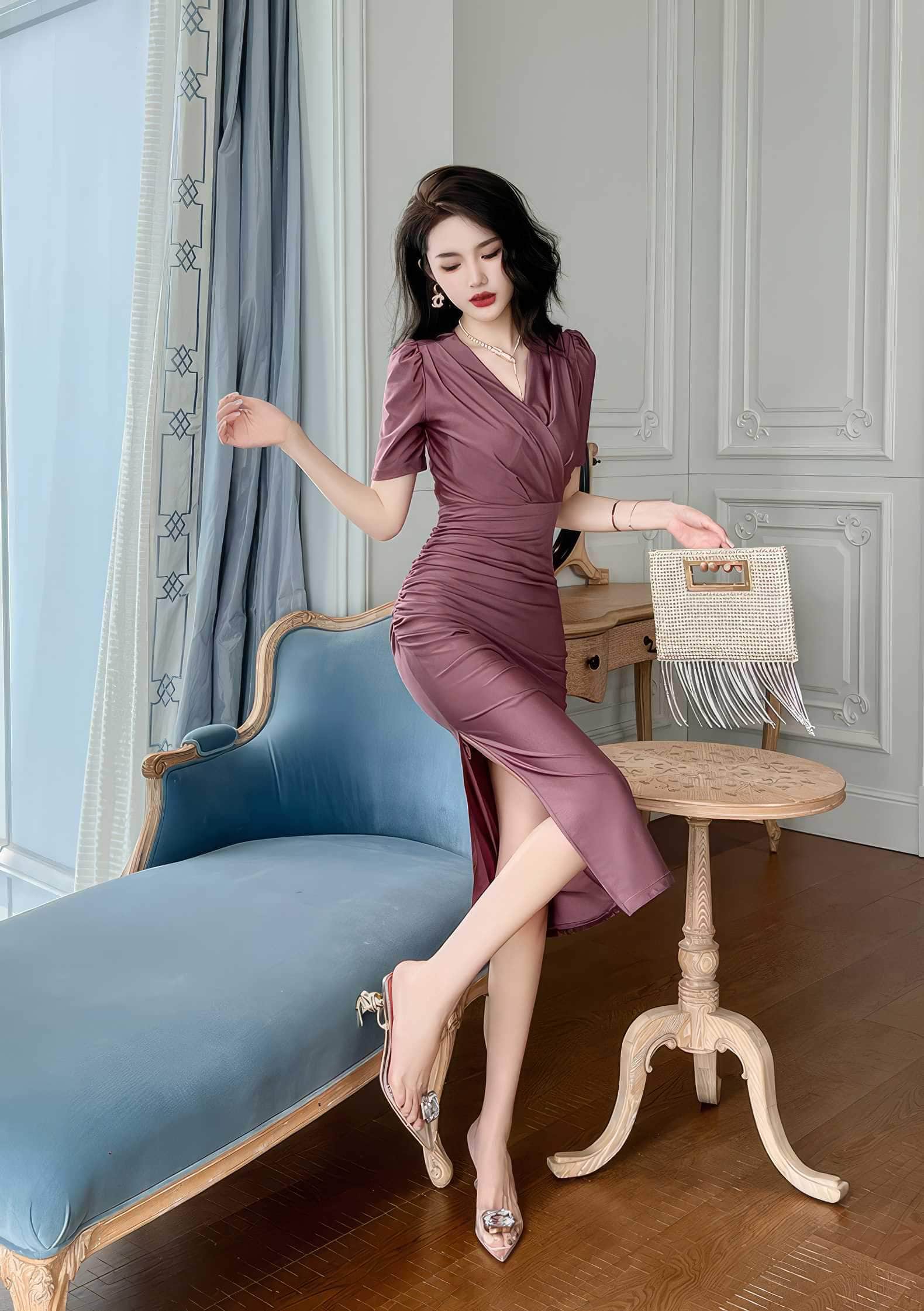 V-Neck Ruffled Puff Sleeves Pleated Midi Dress