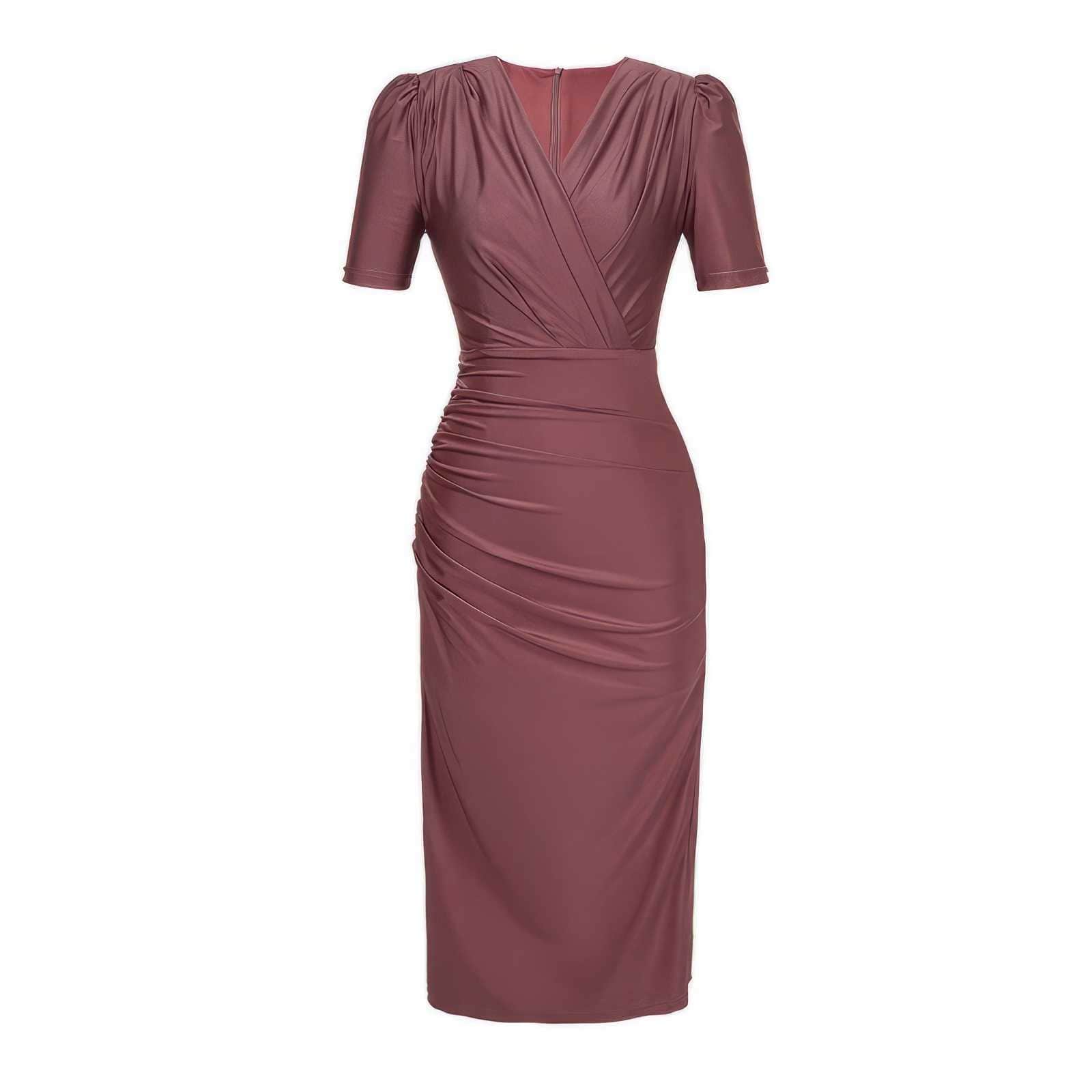 V-Neck Ruffled Puff Sleeves Pleated Midi Dress