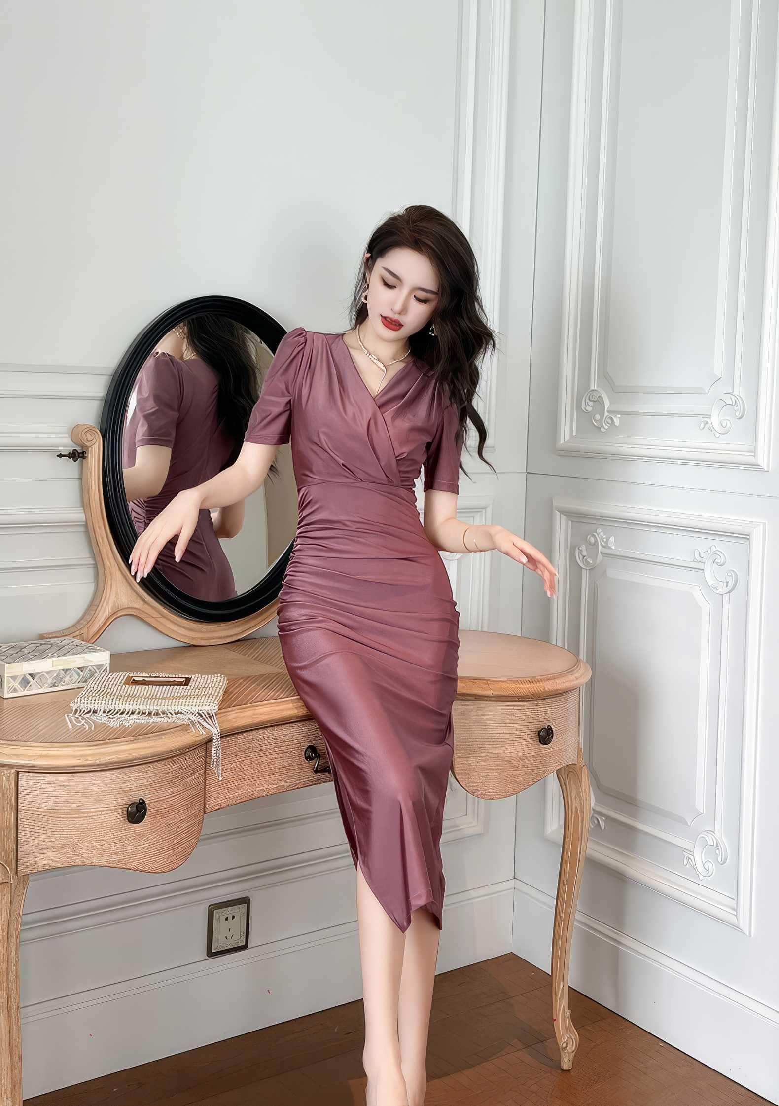 V-Neck Ruffled Puff Sleeves Pleated Midi Dress
