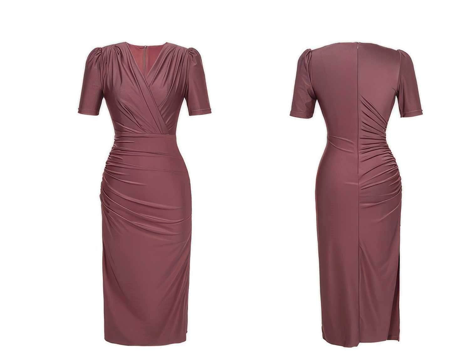 V-Neck Ruffled Puff Sleeves Pleated Midi Dress