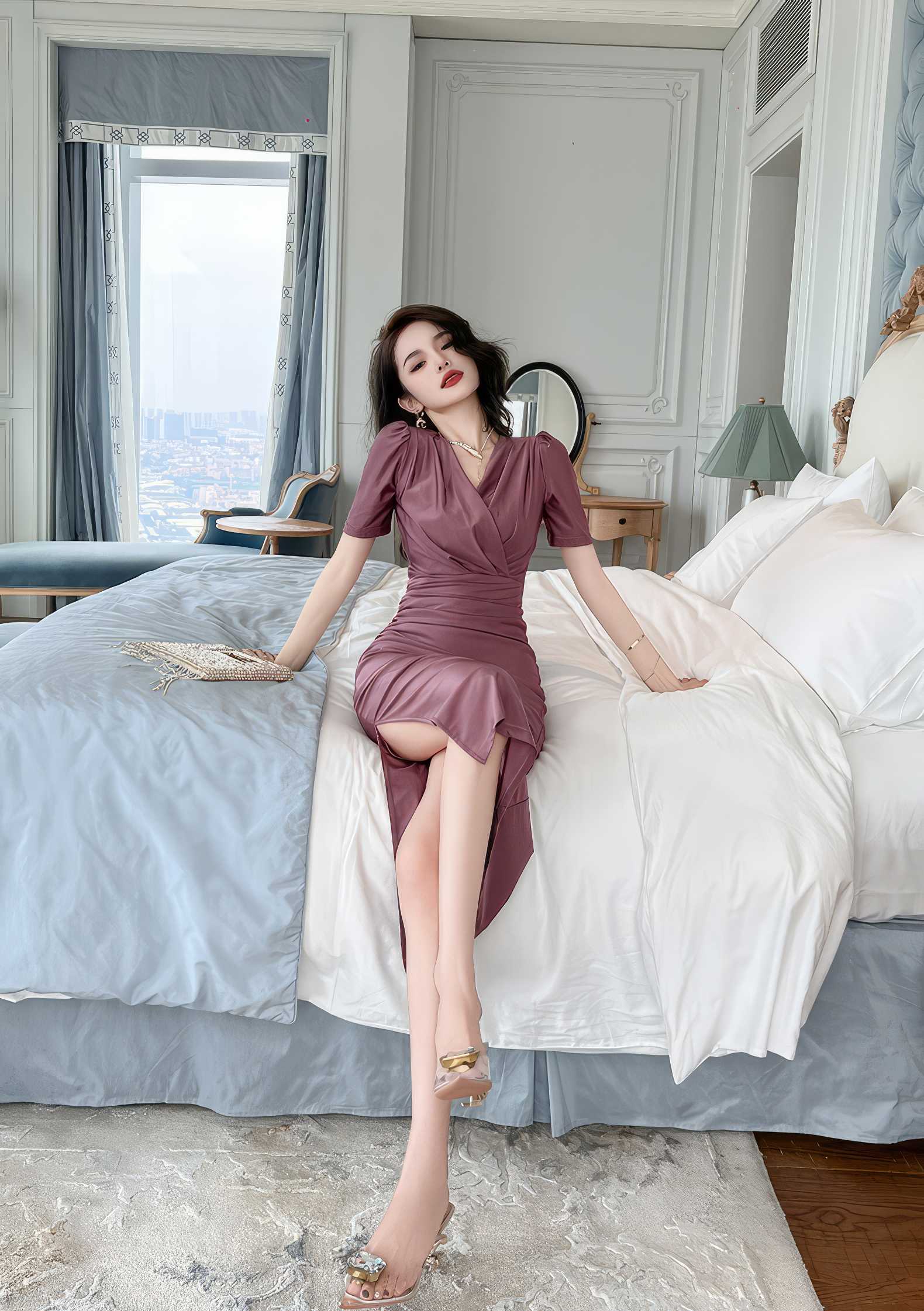 V-Neck Ruffled Puff Sleeves Pleated Midi Dress