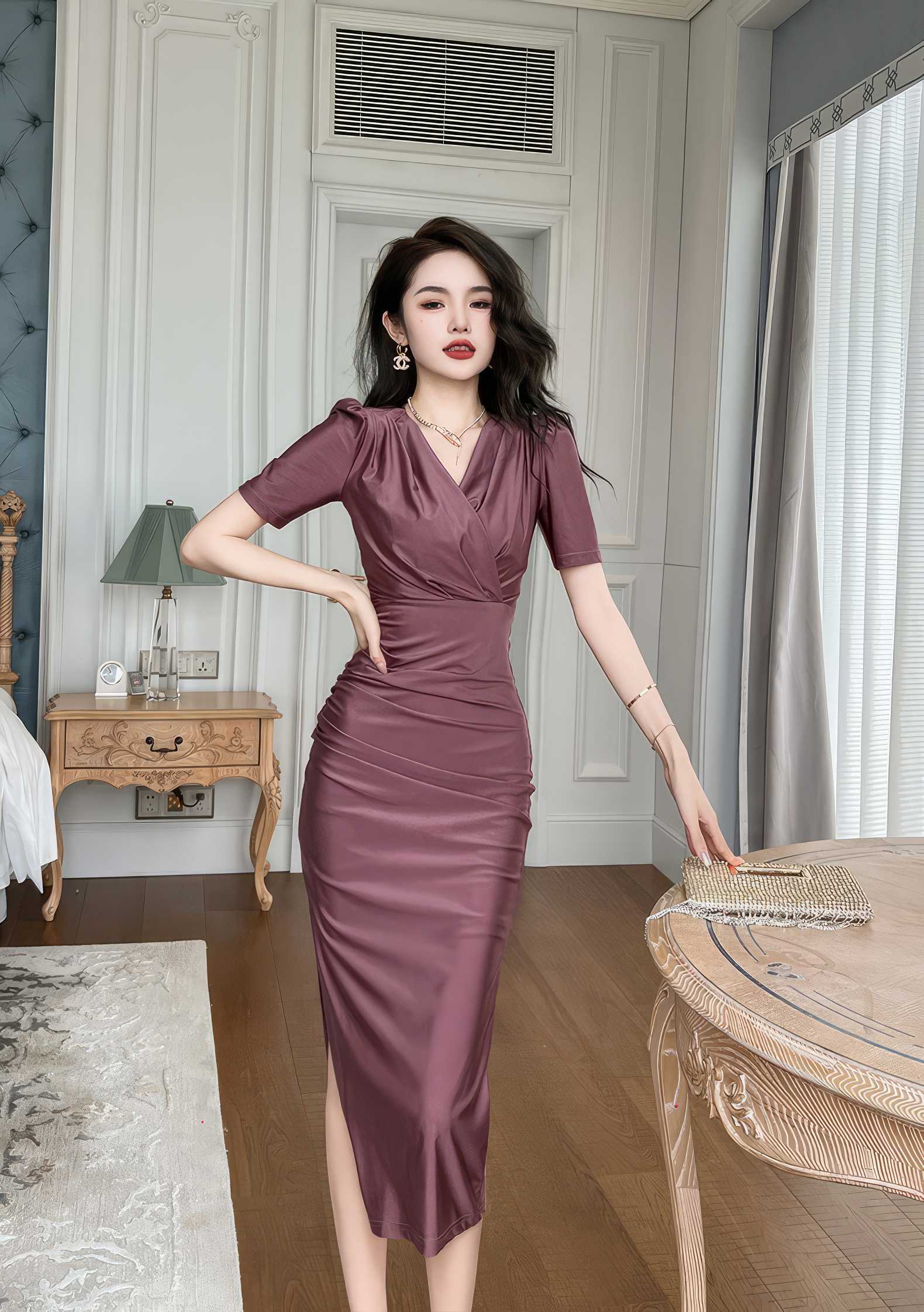 V-Neck Ruffled Puff Sleeves Pleated Midi Dress
