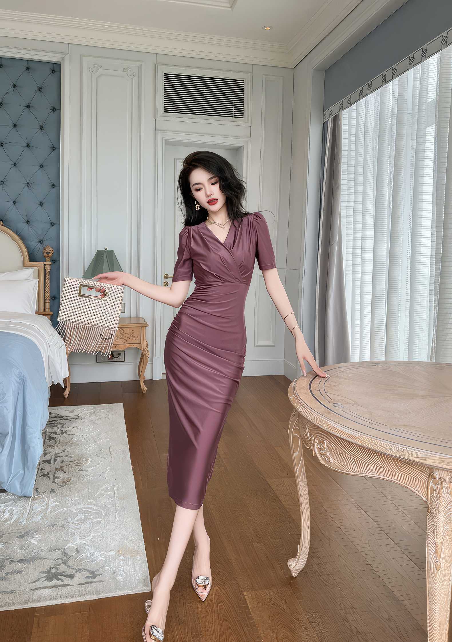 V-Neck Ruffled Puff Sleeves Pleated Midi Dress