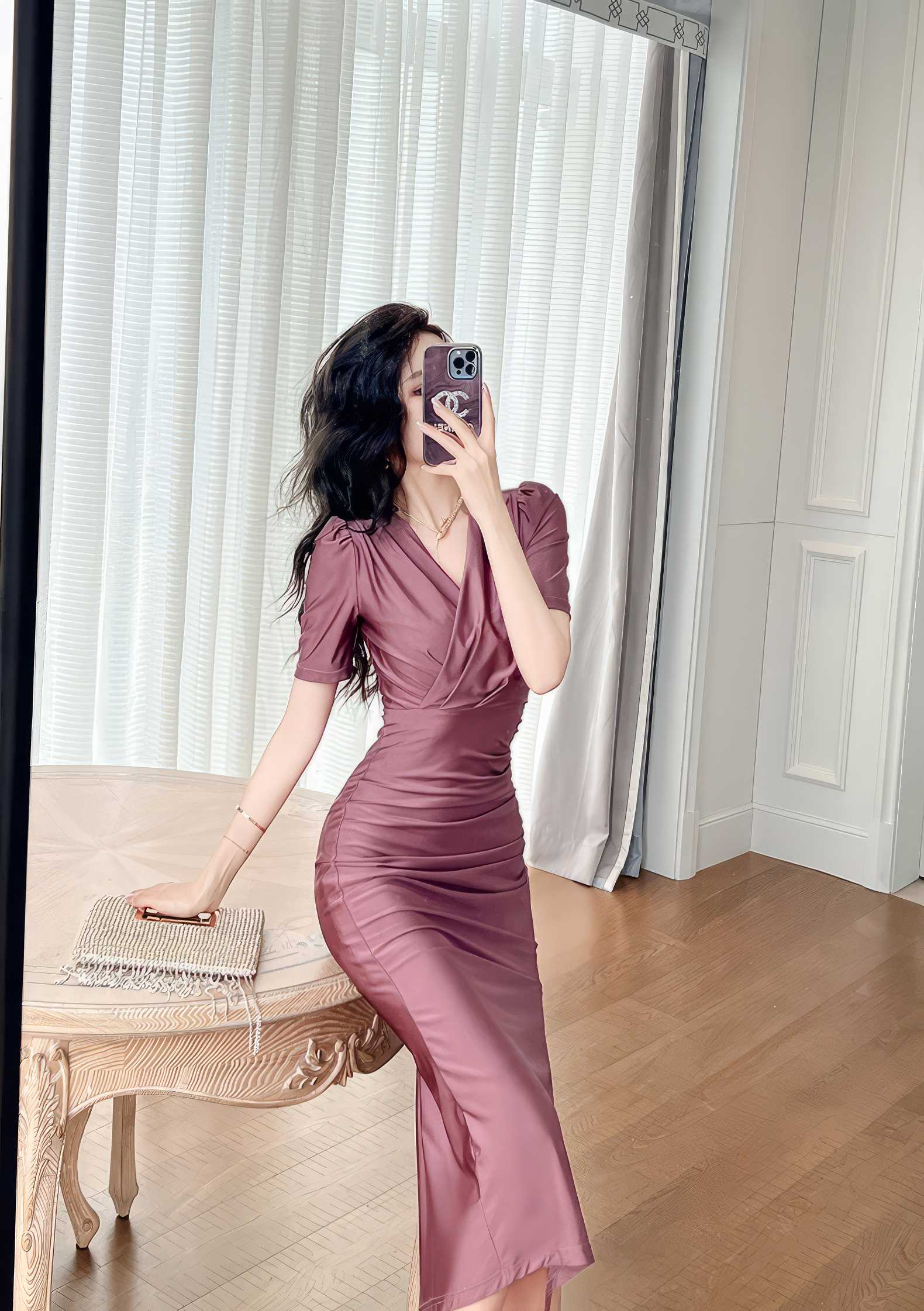 V-Neck Ruffled Puff Sleeves Pleated Midi Dress