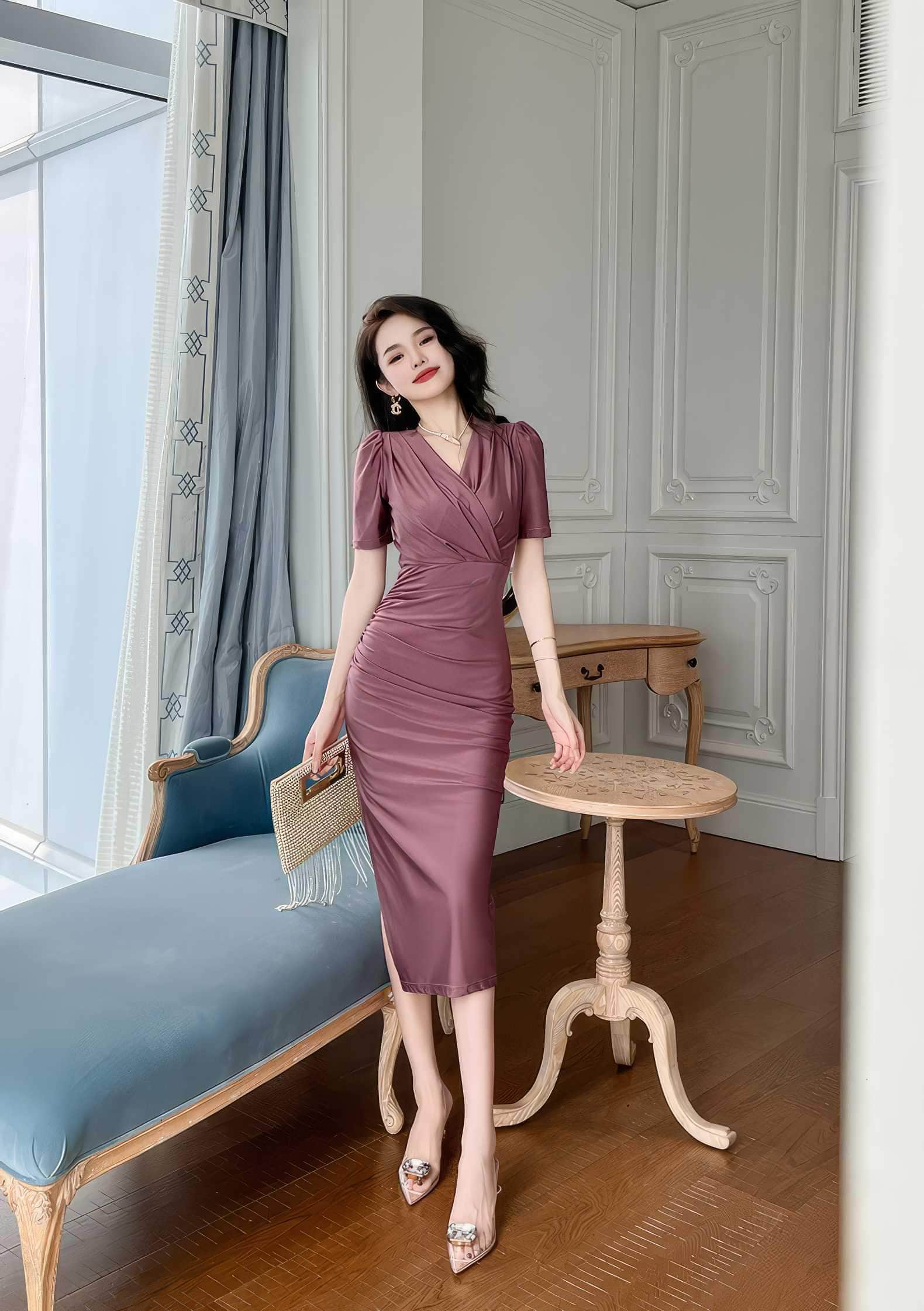 V-Neck Ruffled Puff Sleeves Pleated Midi Dress