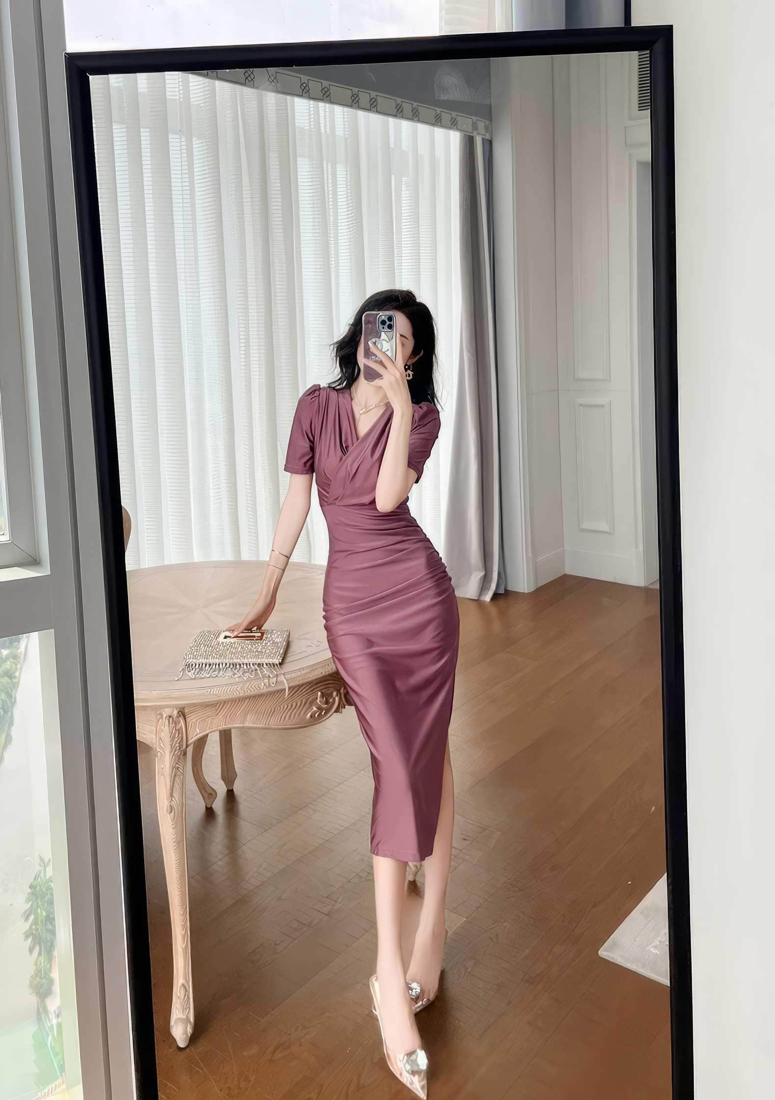 V-Neck Ruffled Puff Sleeves Pleated Midi Dress
