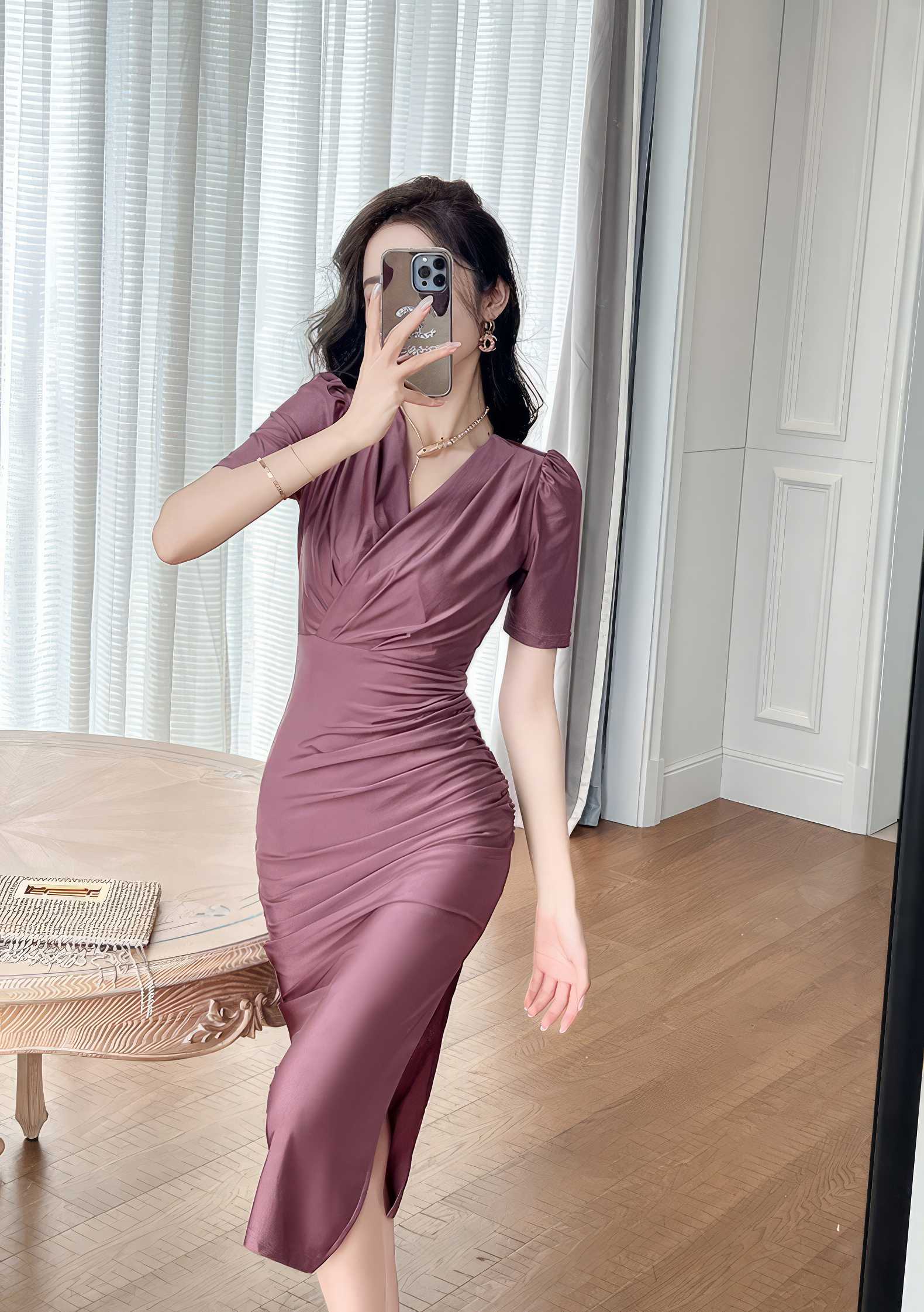 V-Neck Ruffled Puff Sleeves Pleated Midi Dress