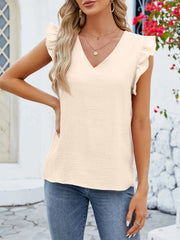 V-Neck Ruffled Sleeve Top Apricot / S