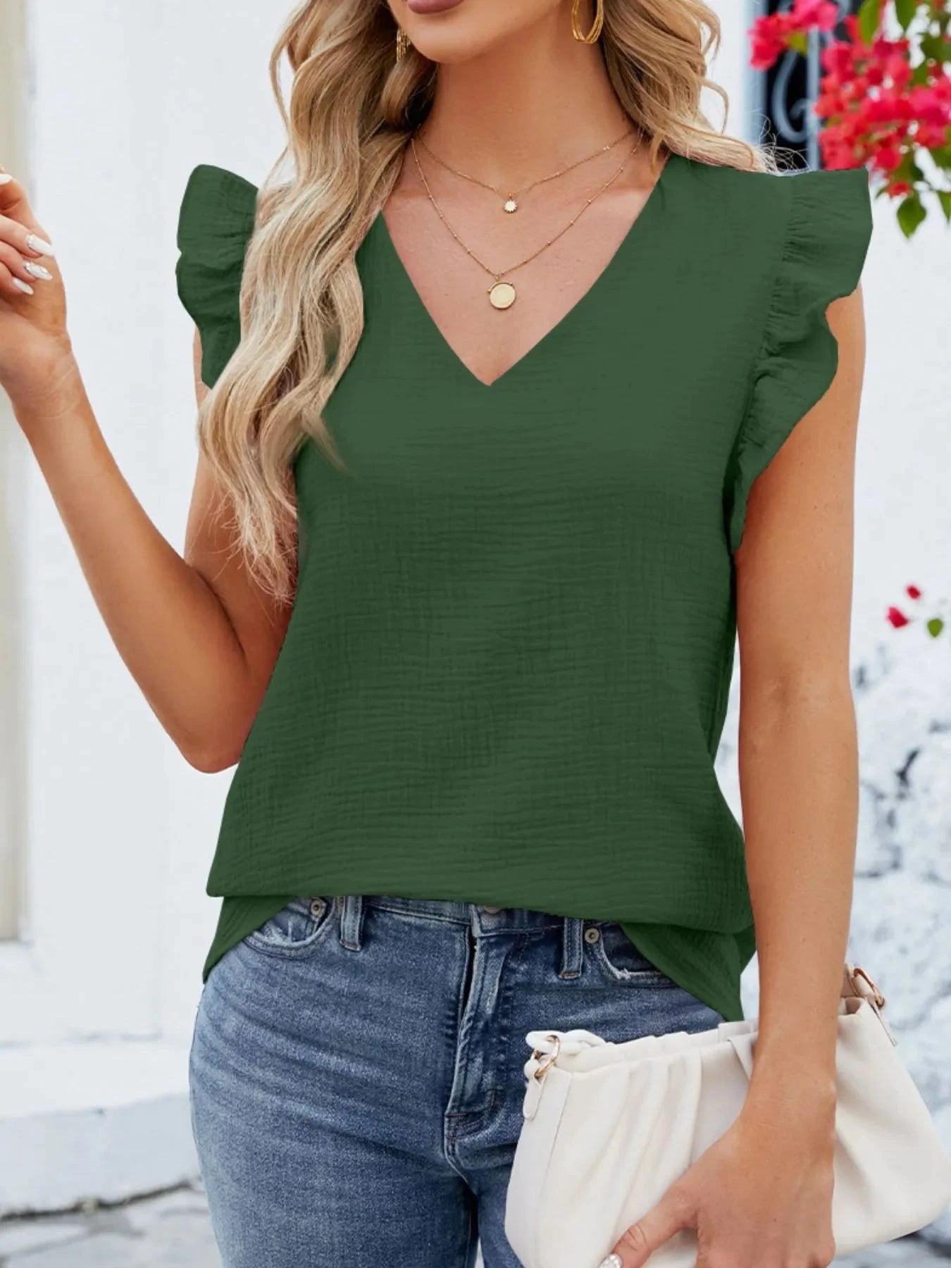 V-Neck Ruffled Sleeve Top Green / S