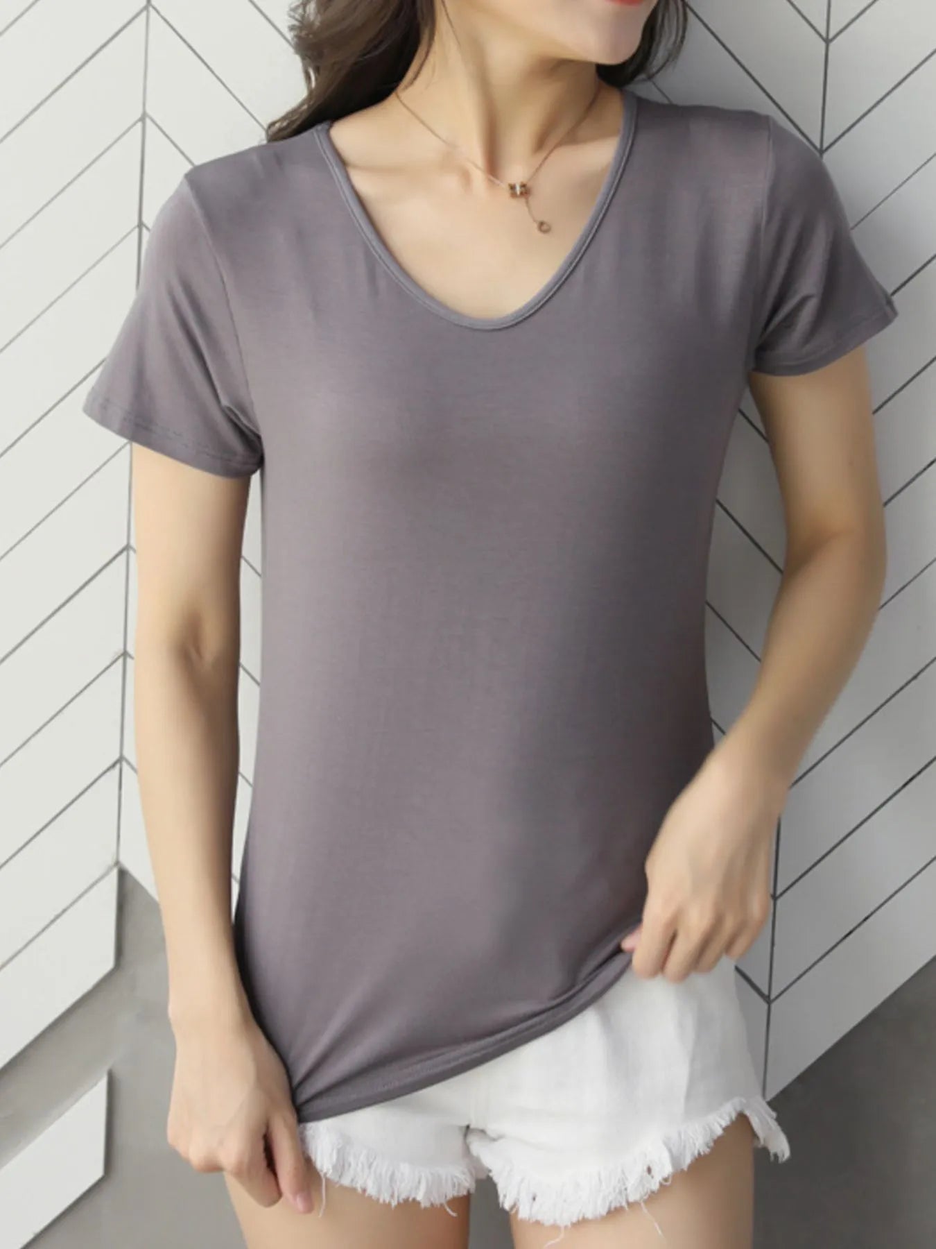 V-Neck Short Sleeve T-Shirt Mocha / M