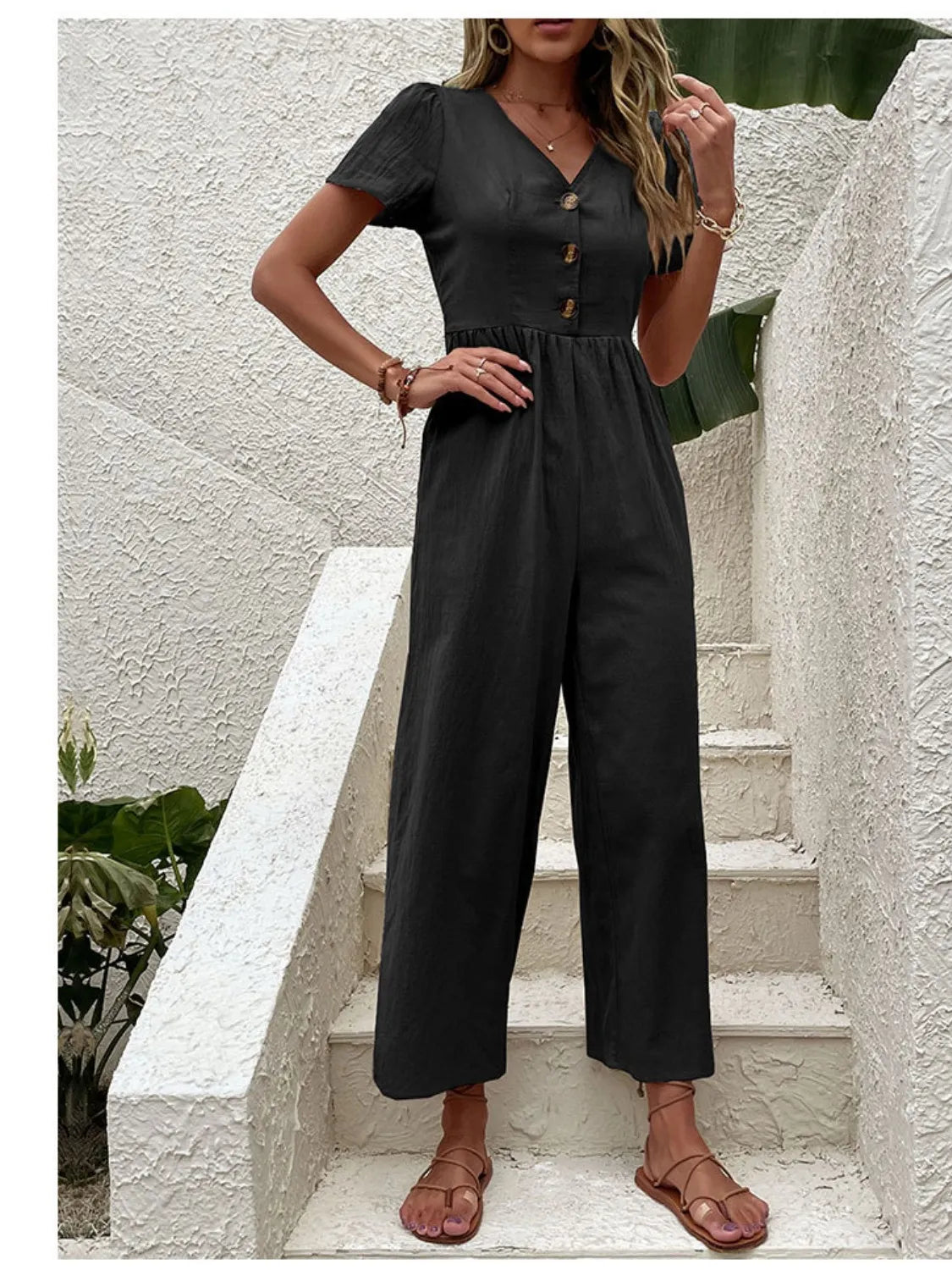 V-Neck Short Sleeve Wide Leg Jumpsuit