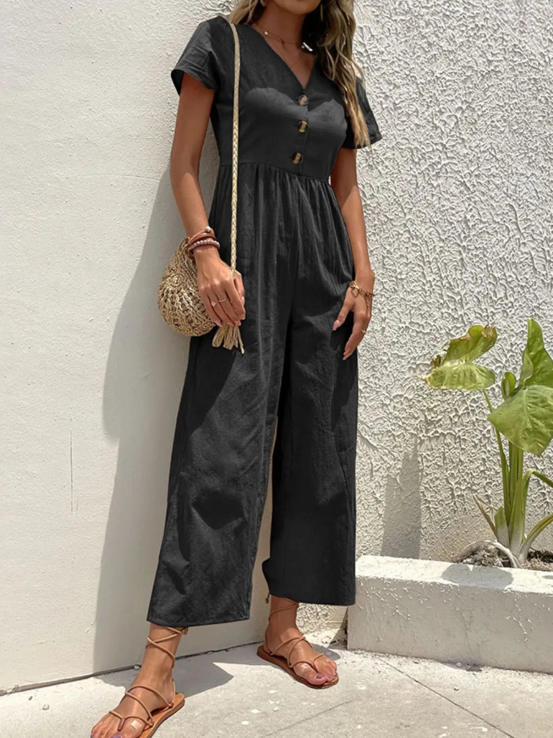 V-Neck Short Sleeve Wide Leg Jumpsuit