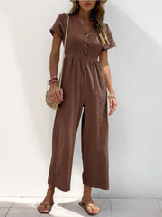 V-Neck Short Sleeve Wide Leg Jumpsuit
