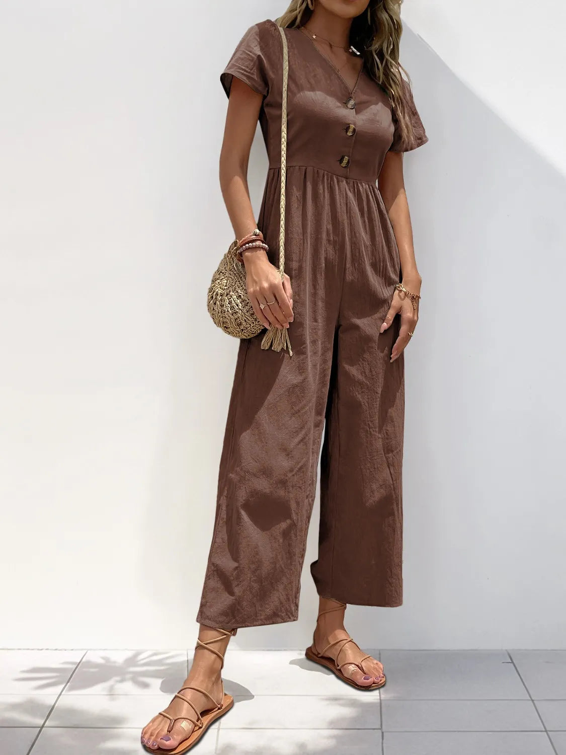 V-Neck Short Sleeve Wide Leg Jumpsuit