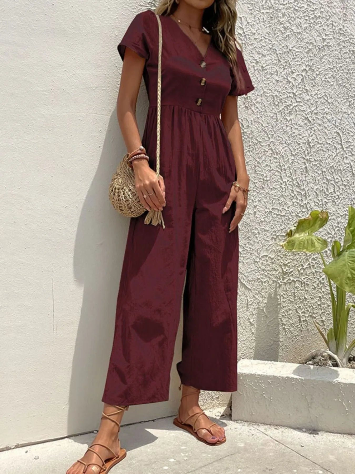 V-Neck Short Sleeve Wide Leg Jumpsuit