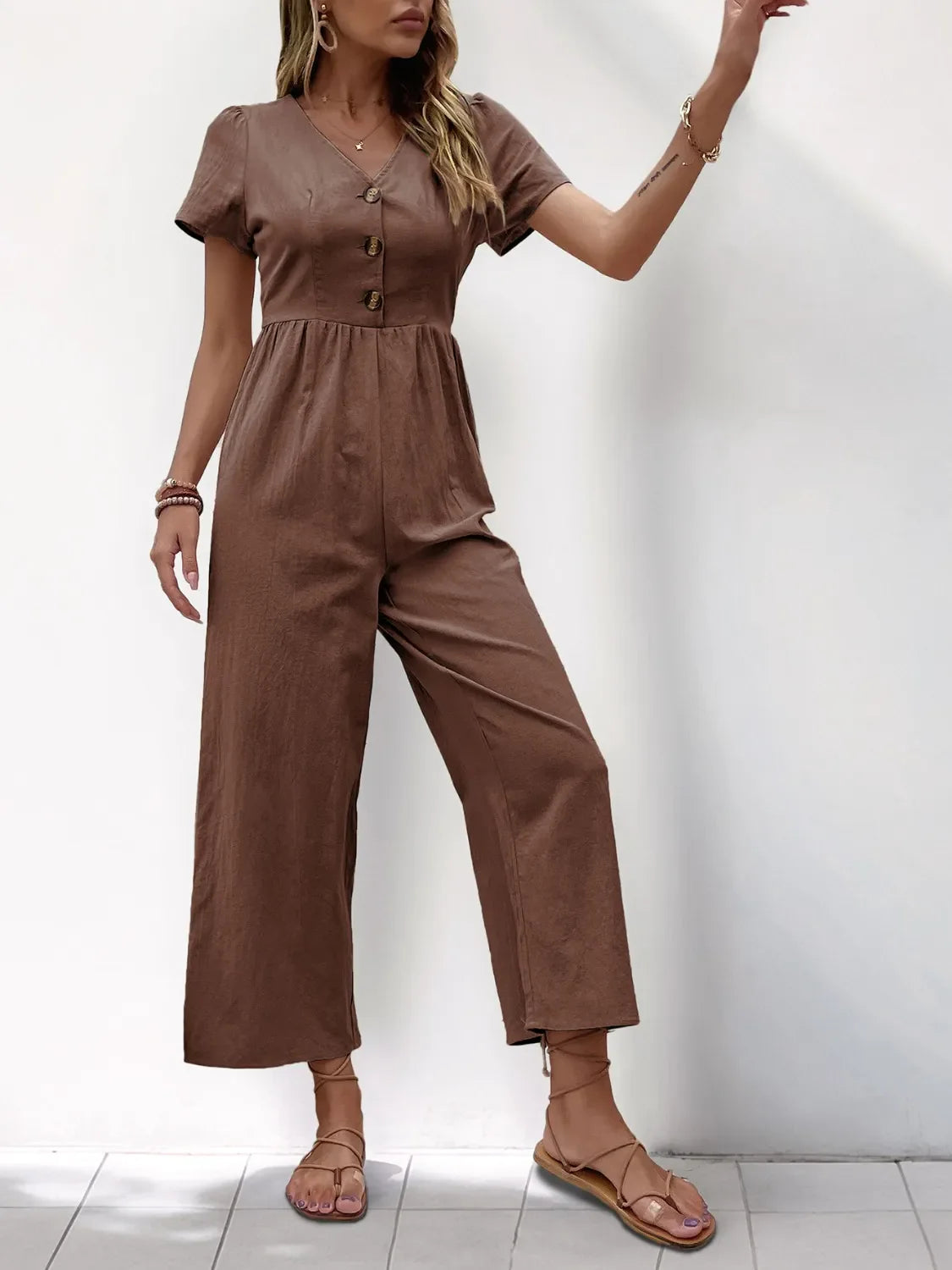 V-Neck Short Sleeve Wide Leg Jumpsuit