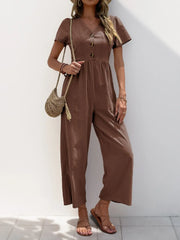V-Neck Short Sleeve Wide Leg Jumpsuit Brown / S