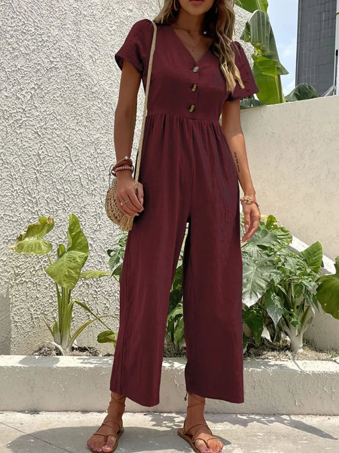 V-Neck Short Sleeve Wide Leg Jumpsuit Burgundy / S