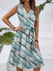 V-Neck Sleeveless Tie Waist Dress