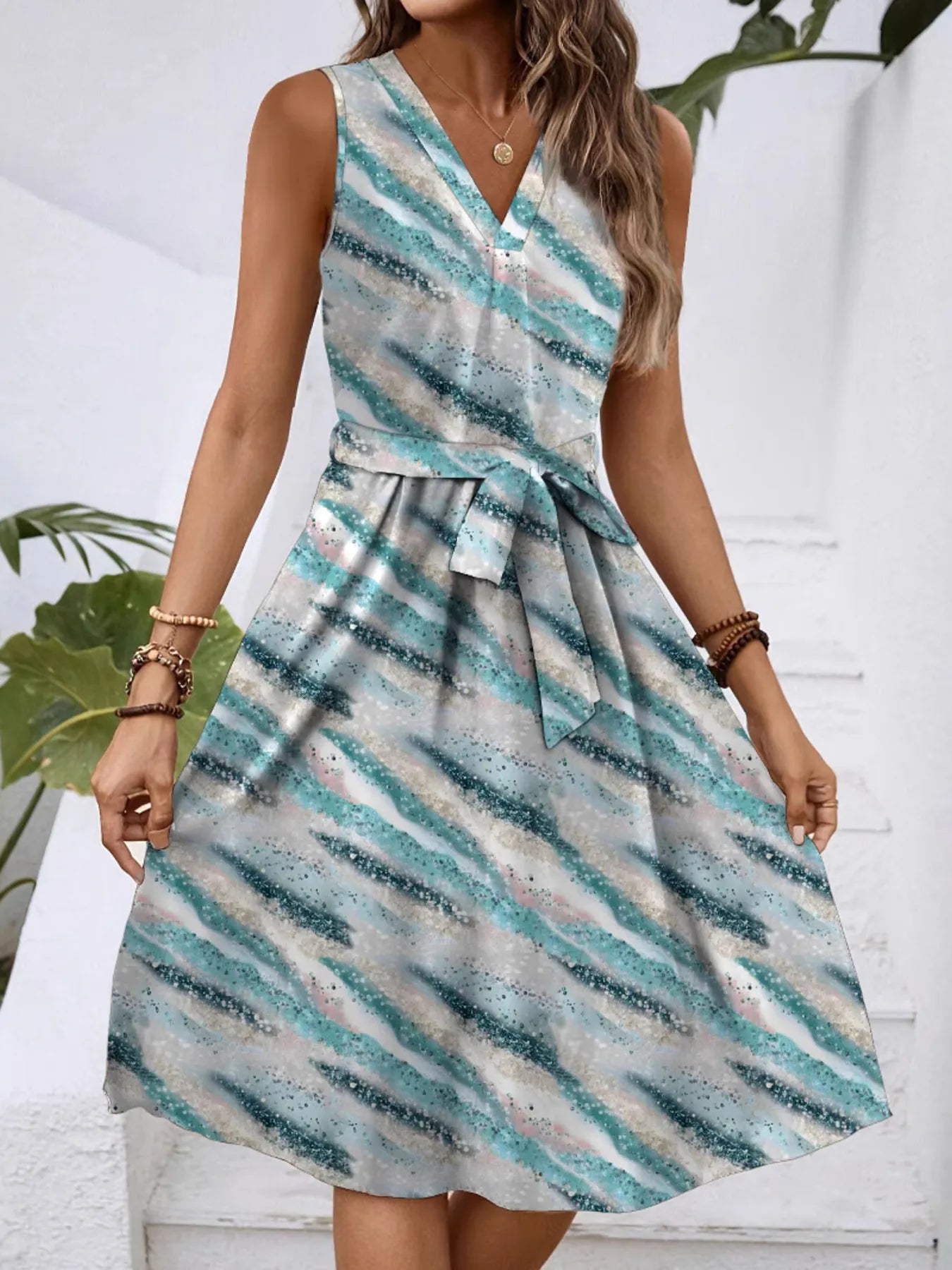 V-Neck Sleeveless Tie Waist Dress