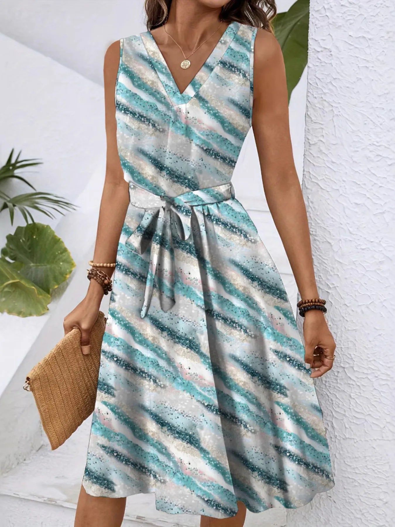 V-Neck Sleeveless Tie Waist Dress Light Blue / S