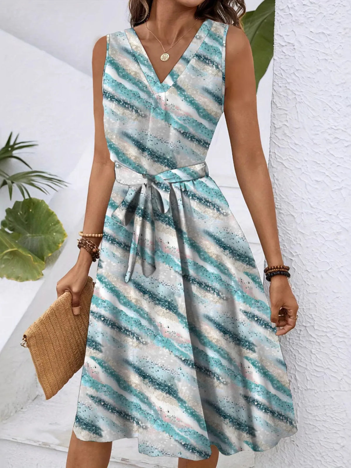 V-Neck Sleeveless Tie Waist Dress Light Blue / S