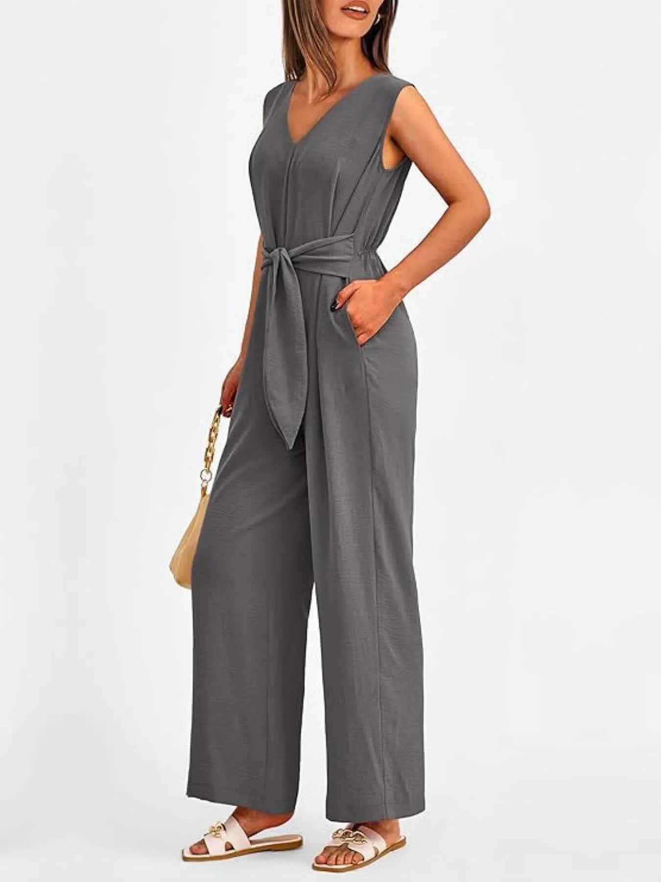 V-Neck Sleeveless Wide-Leg Jumpsuit with Waist Tie