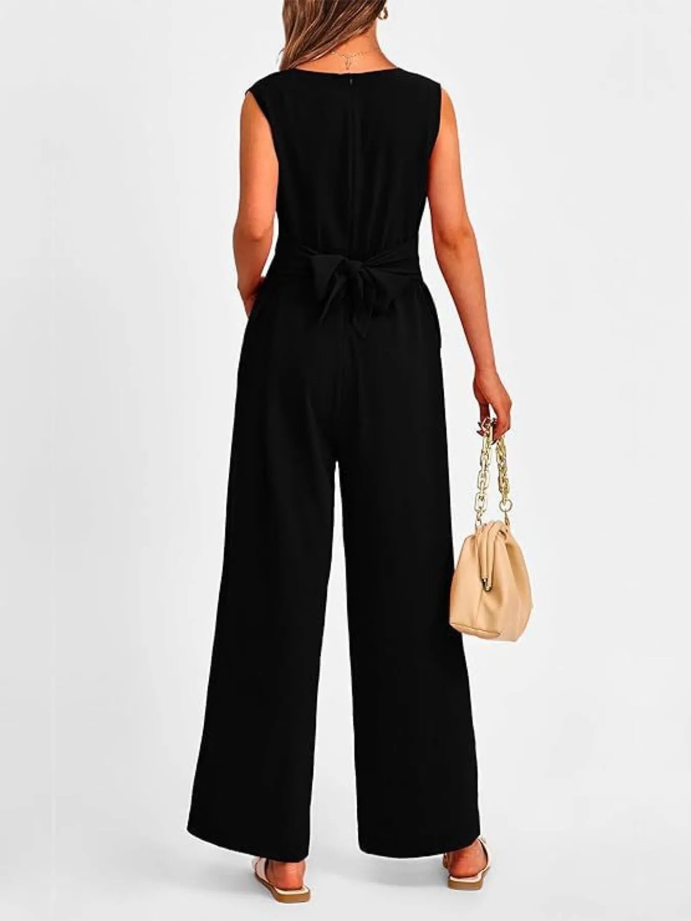 V-Neck Sleeveless Wide-Leg Jumpsuit with Waist Tie