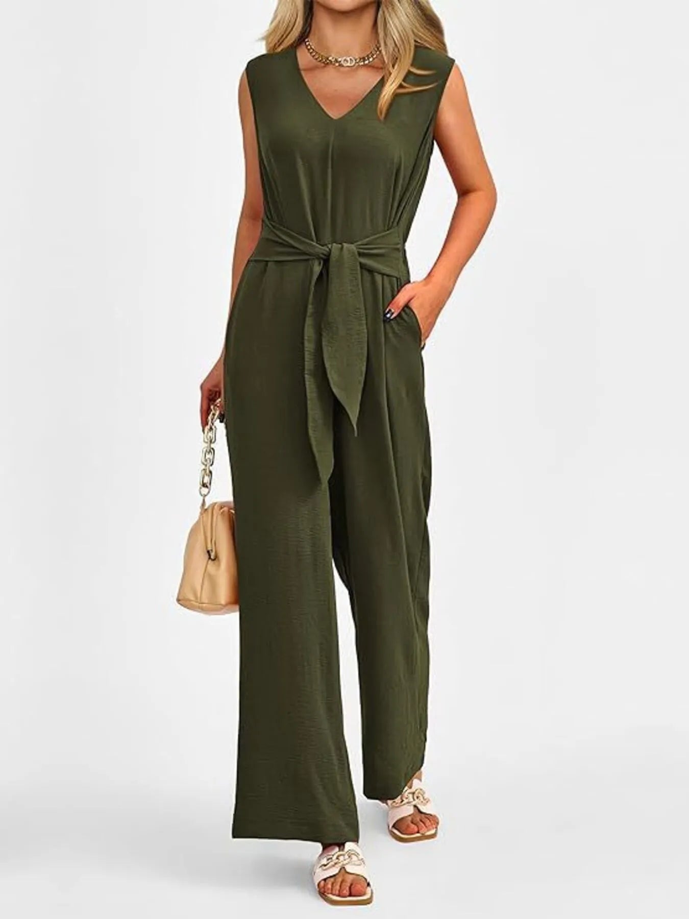 V-Neck Sleeveless Wide-Leg Jumpsuit with Waist Tie