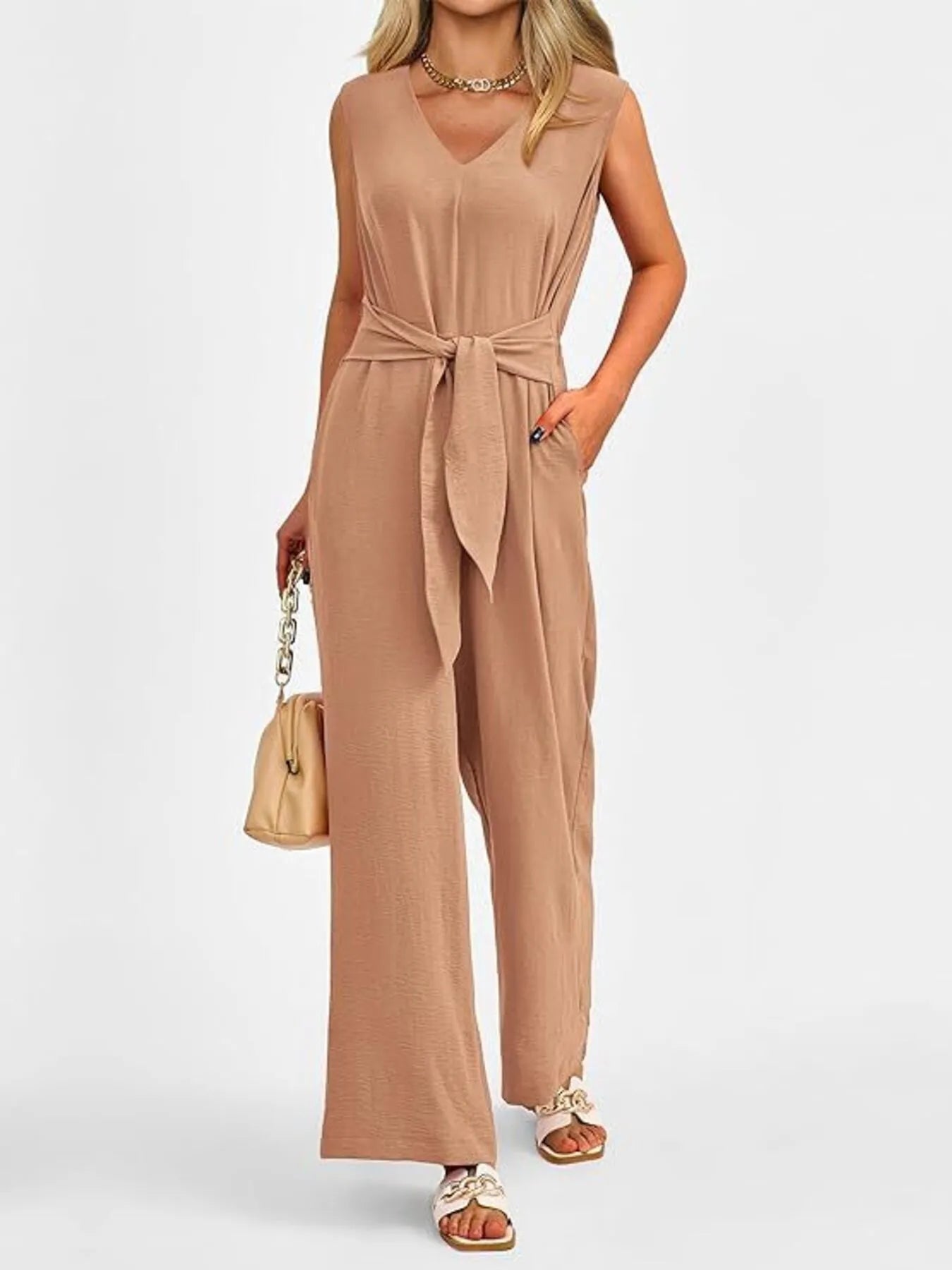 V-Neck Sleeveless Wide-Leg Jumpsuit with Waist Tie
