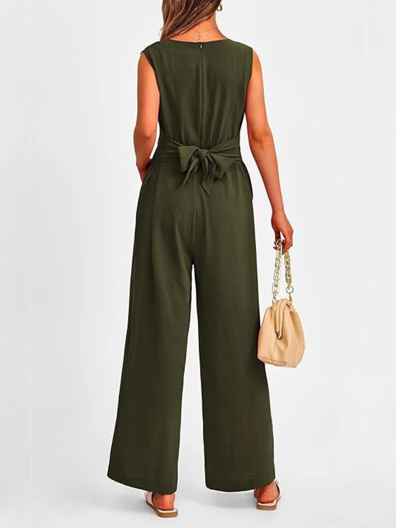 V-Neck Sleeveless Wide-Leg Jumpsuit with Waist Tie