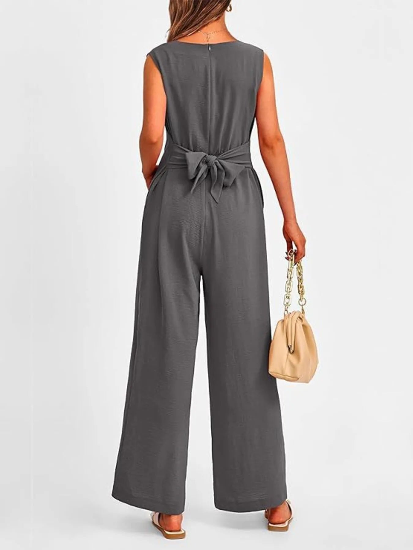 V-Neck Sleeveless Wide-Leg Jumpsuit with Waist Tie