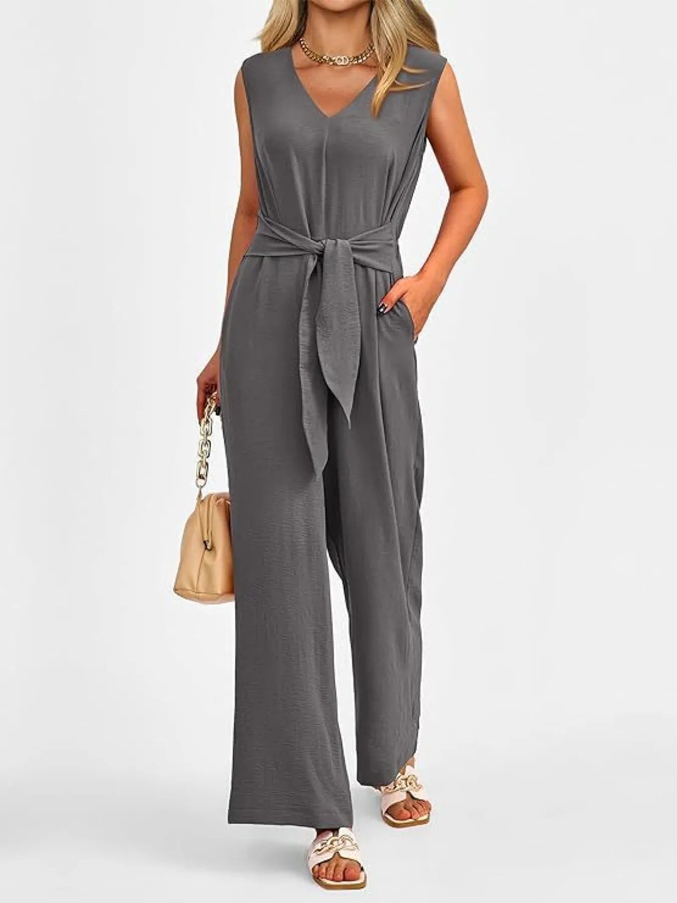 V-Neck Sleeveless Wide-Leg Jumpsuit with Waist Tie