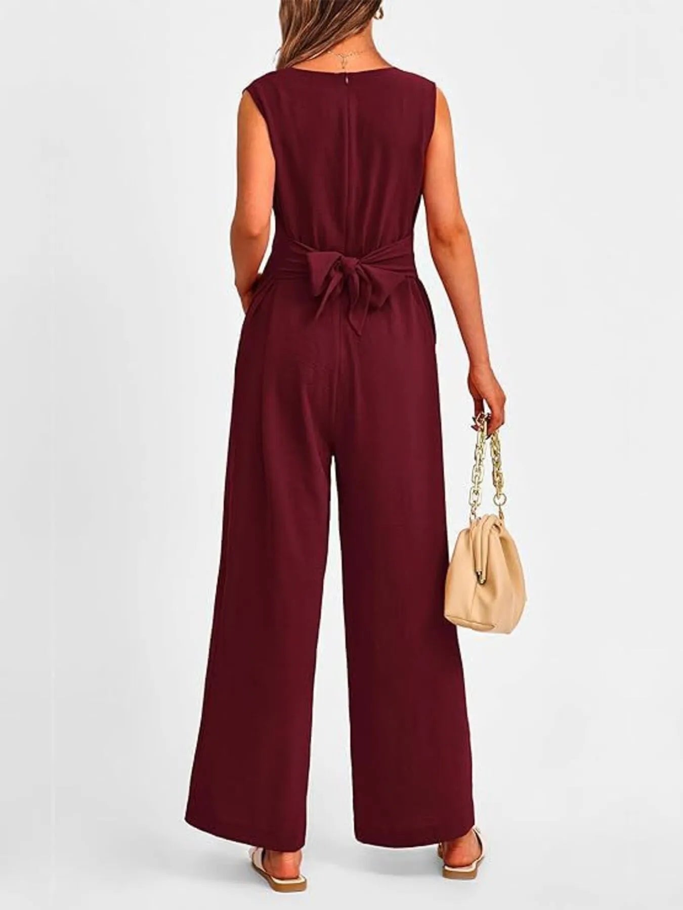 V-Neck Sleeveless Wide-Leg Jumpsuit with Waist Tie