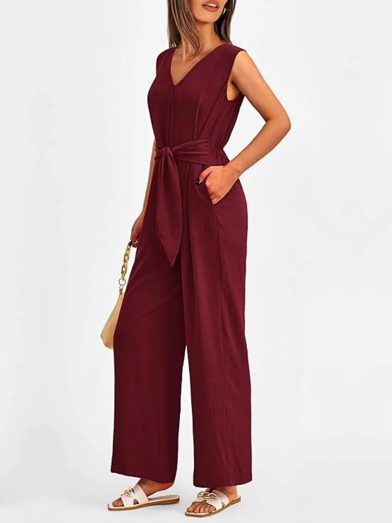 V-Neck Sleeveless Wide-Leg Jumpsuit with Waist Tie