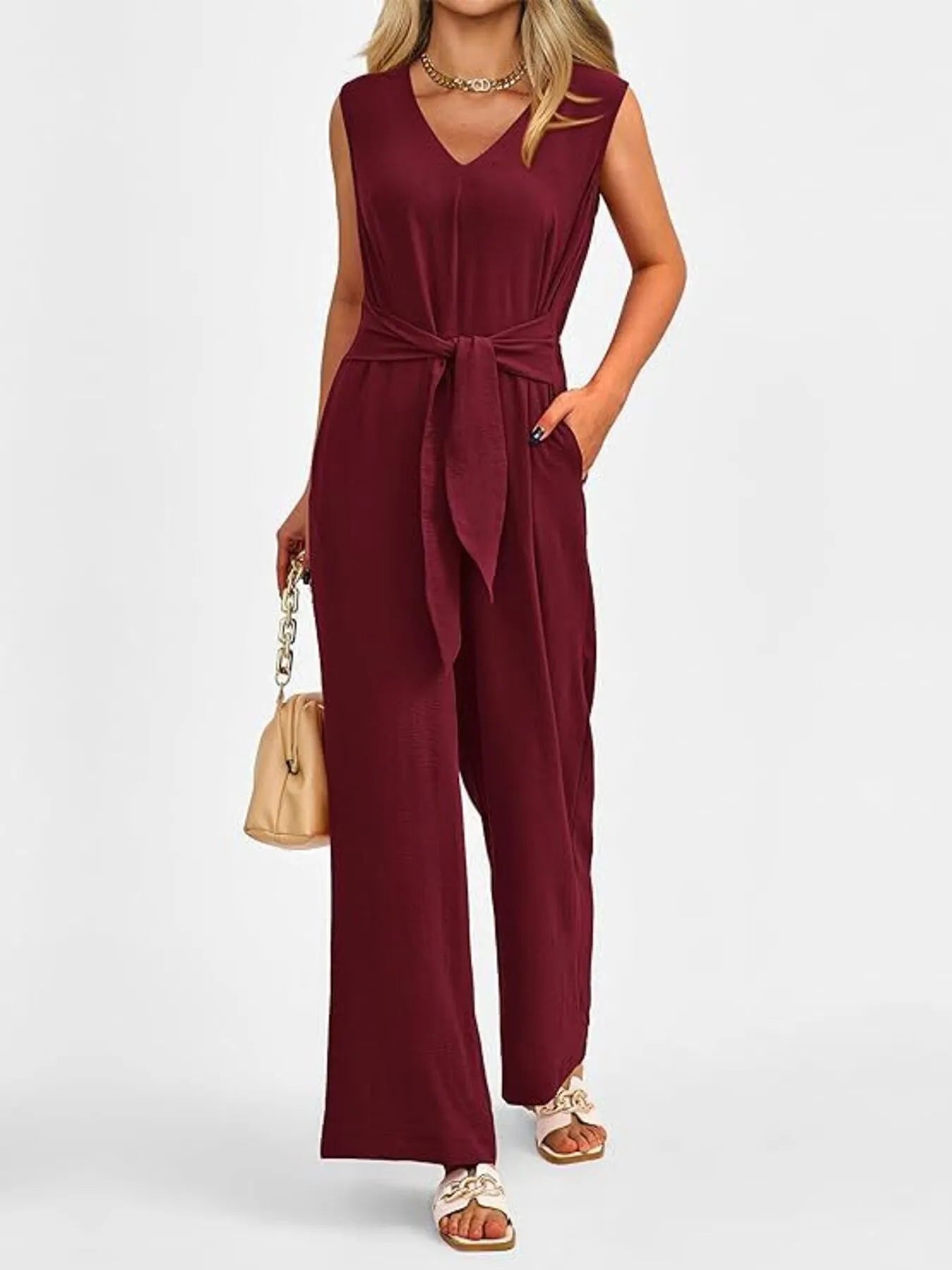 V-Neck Sleeveless Wide-Leg Jumpsuit with Waist Tie