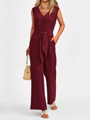 V-Neck Sleeveless Wide-Leg Jumpsuit with Waist Tie