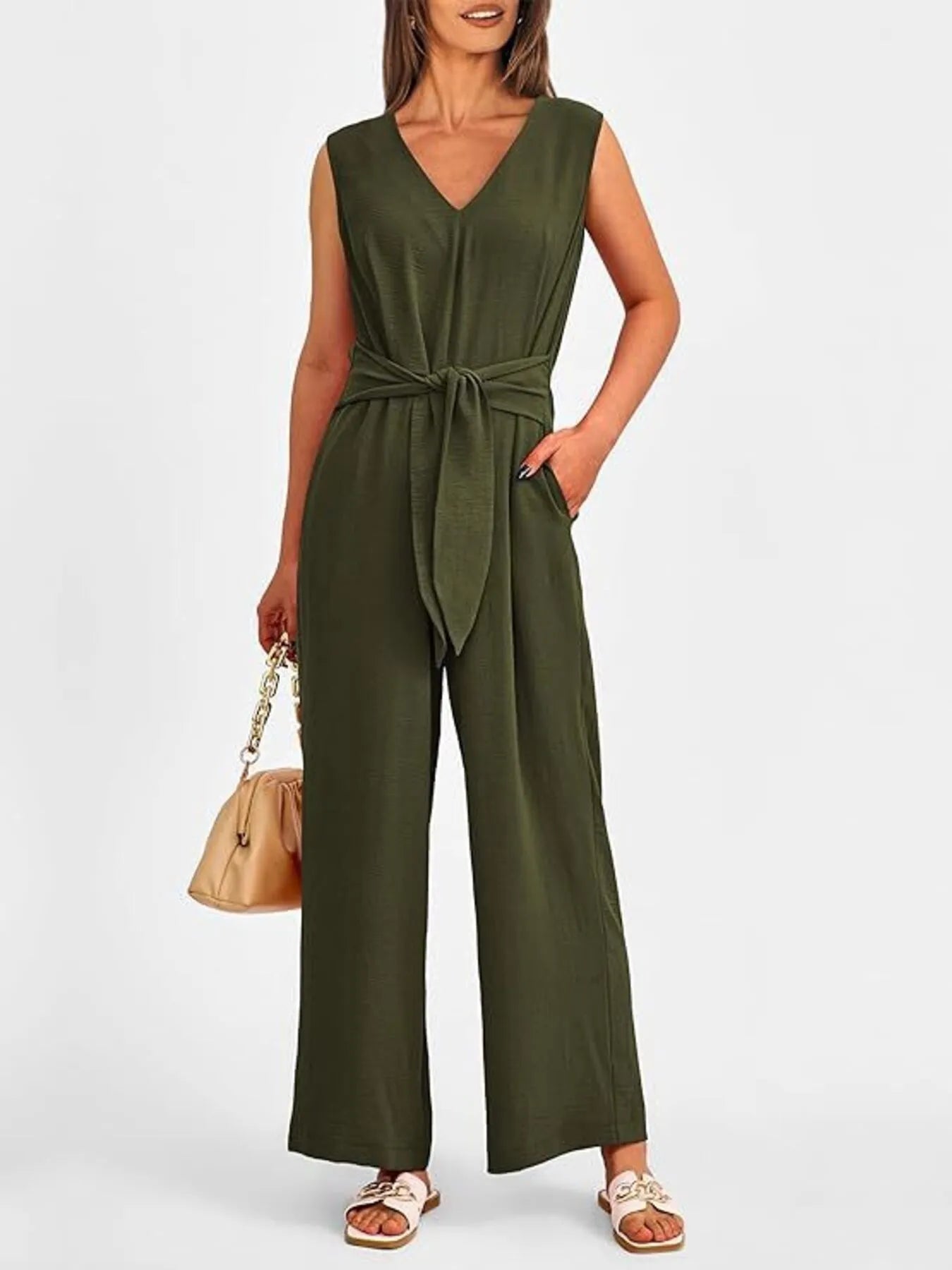 V-Neck Sleeveless Wide-Leg Jumpsuit with Waist Tie Army Green / S
